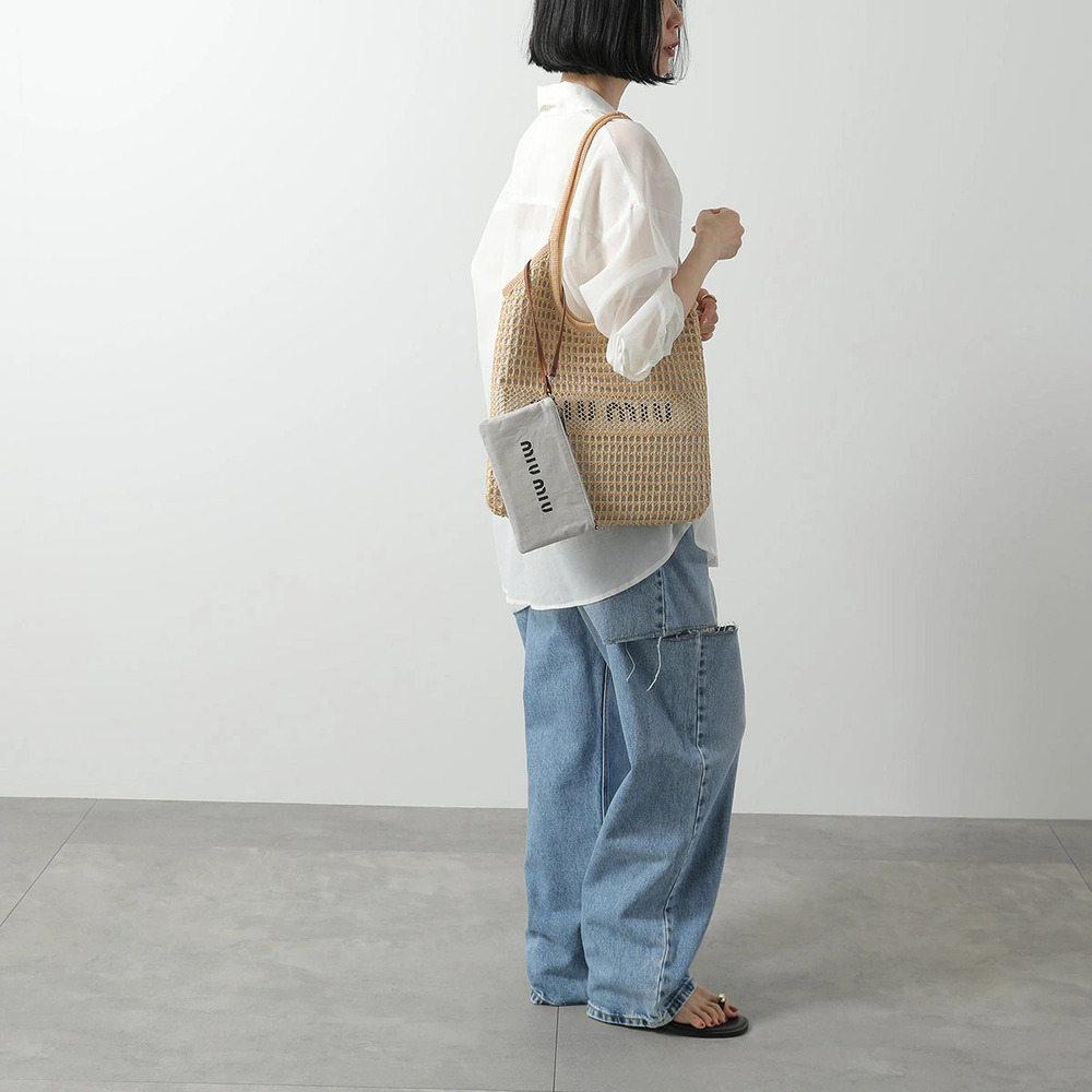 Miu Miu Tote Bag Raffia Effect Pouch Clutch NATURALE
